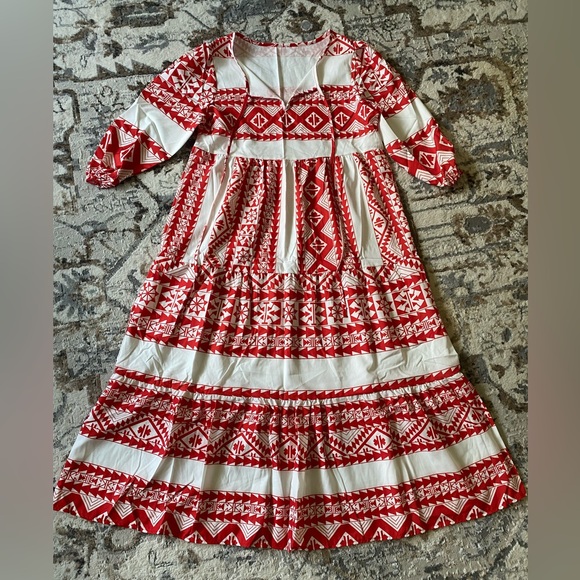 New Boho Ethic Geo Aztec Tribal Pattern Maxi Dress Loose Long Puff Sleeves Vneck - Picture 9 of 16